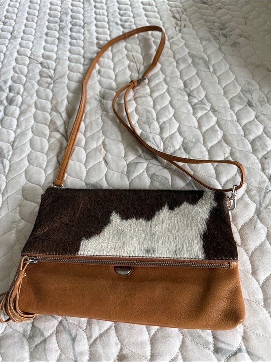 Overland Handbags - Brown & White Haircalf Crossbody Bag with Tan Leather Trim